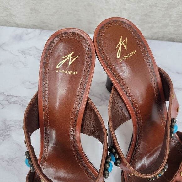 J Vincent Brown Heeled Sandals with Faux Turquoise Brass Studs Accents - Picture 5 of 12